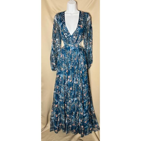 Mac Duggal Teal Floral Bling Cut Out Gown 0 - Picture 6 of 15